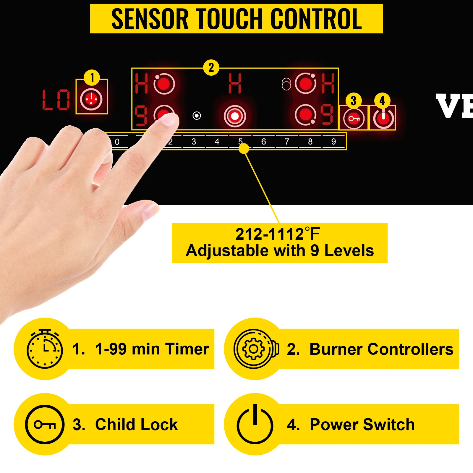 VEVOR 4/5เตาไฟฟ้าเตาเตาไฟฟ้า9ระดับ & Sensor Touch Control แก้ว240V