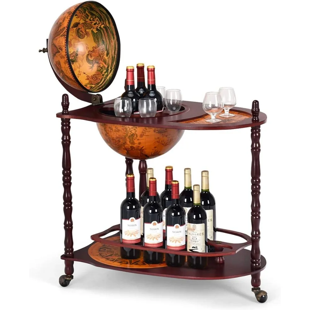 Globe Bar, soporte para wine bar de madera de 34,5 pulgadas con ruedas, estante inferior y mapa del viejo mundo, réplica italiana del siglo 16 Globe Bar Liquo