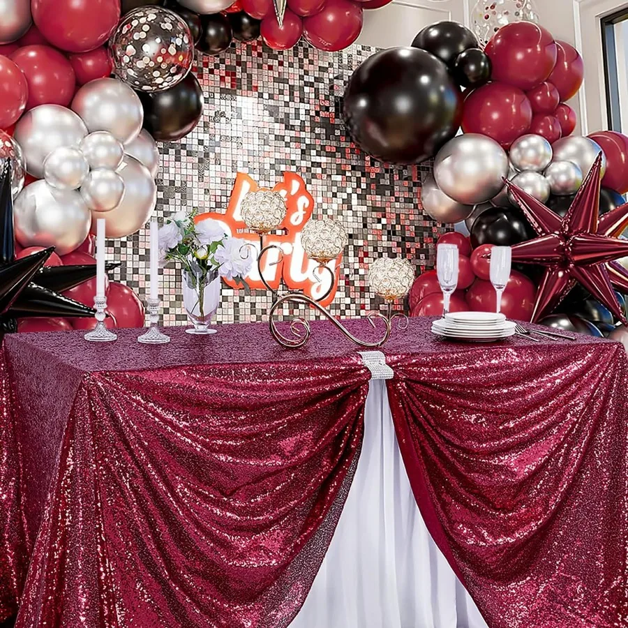 Burgundy Sequin Tablecloth for Parties: Glitter Fabric 50x50 Inches Kitchen Linen for Square Head Centerpieces Party Decoration