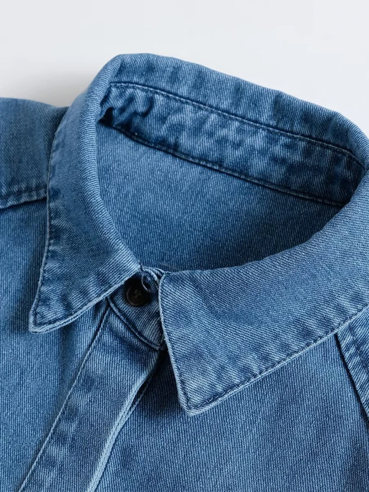 Neue Damenmode im europäischen Stil, vielseitiges, einfaches Temperament, einfarbiges Denim-Revers-Puffärmelhemd