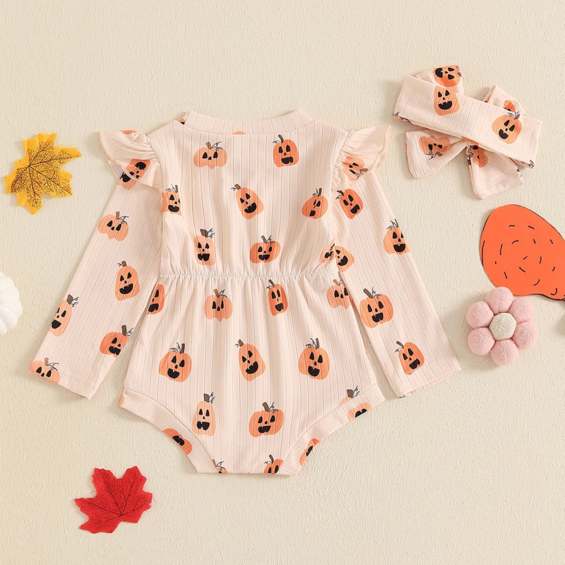 VISgogo 0-18 Months Baby Girl Halloween Outfit Pumpkin Print Ruffle Long Sleeve Romper Tie Headband 2 Piece Set for Fall