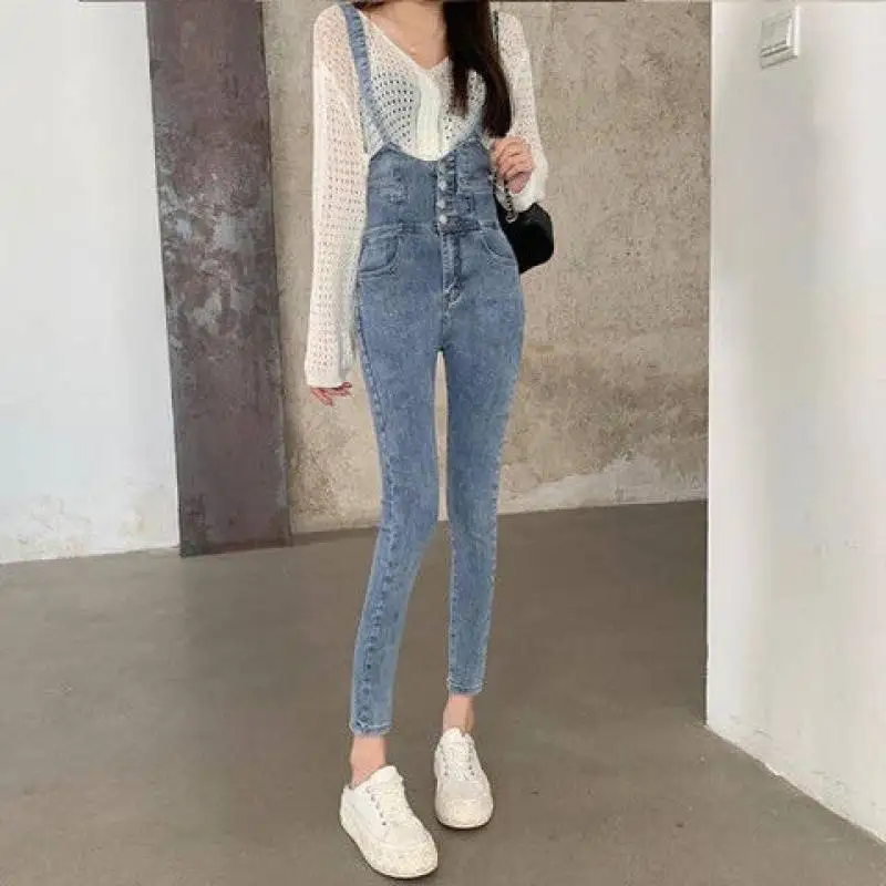 Cintura alta estiramento jeans magros macacão feminino primavera novo estilo coreano macacão reto