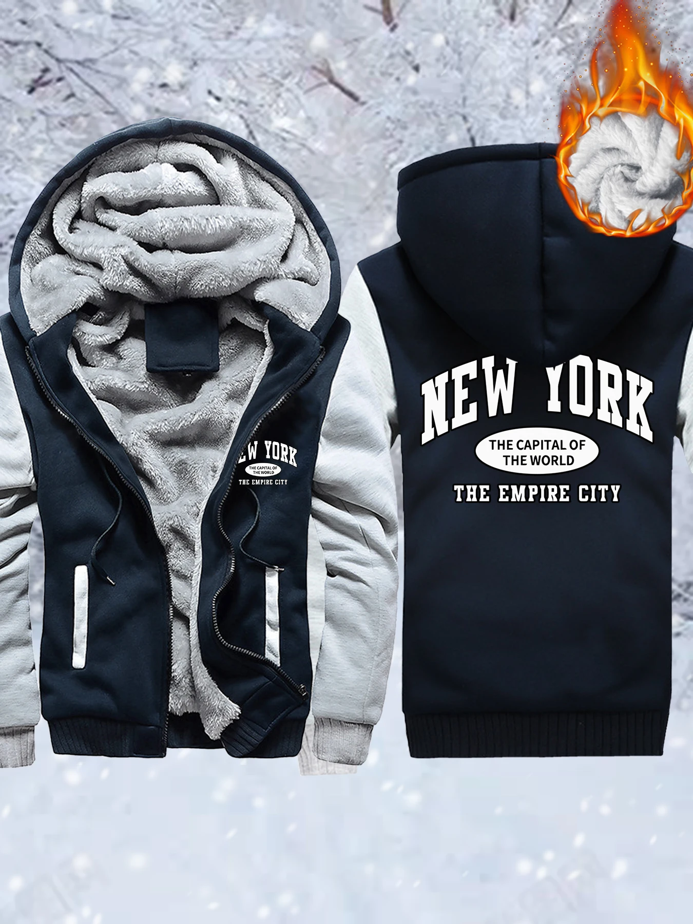 

New York The Capital Of The World Print Man'S Fleece Basics Jacket Pocket Zip-Up Sportswear Thicken Winter Coat Warm Comfy Top
