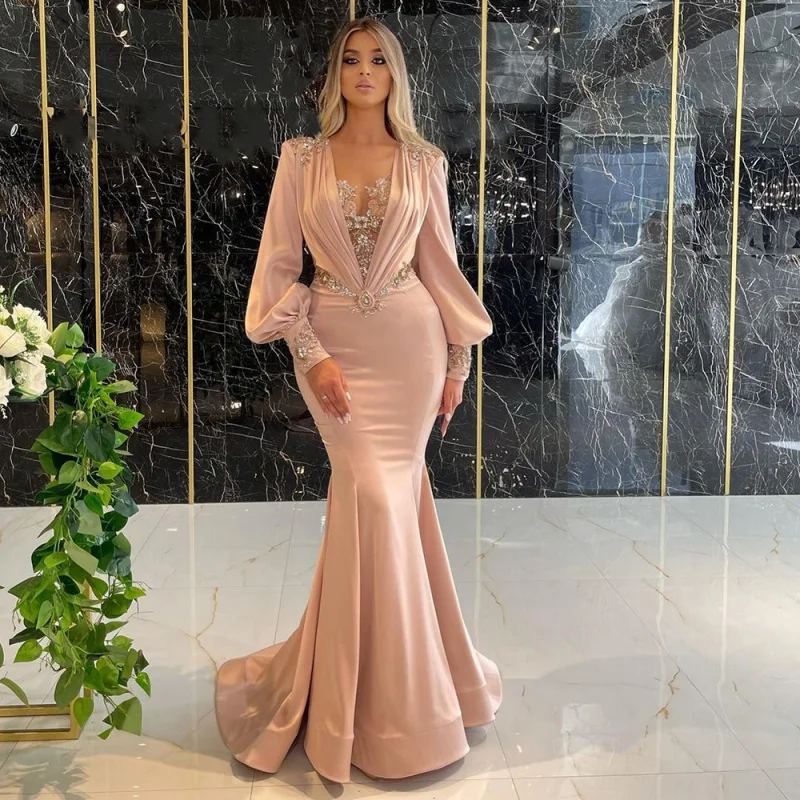 Muslim Rose Mermaid Evening Dresses Customized OEM/ODM Party Gowns 2023 Luxury Beaded Elegant Satin For Women