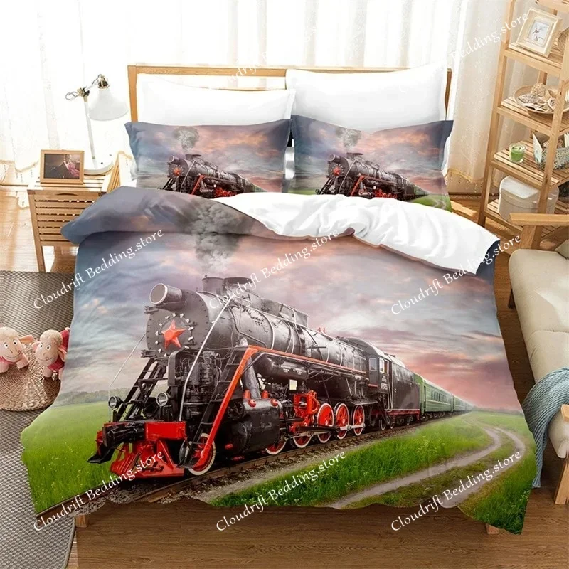 

Train Duvet Cover Full Size Boys Steam Engine Bedding Set Microfiber 3D Rail Vehicles Comforter Cover For Kids Teens Room Decor