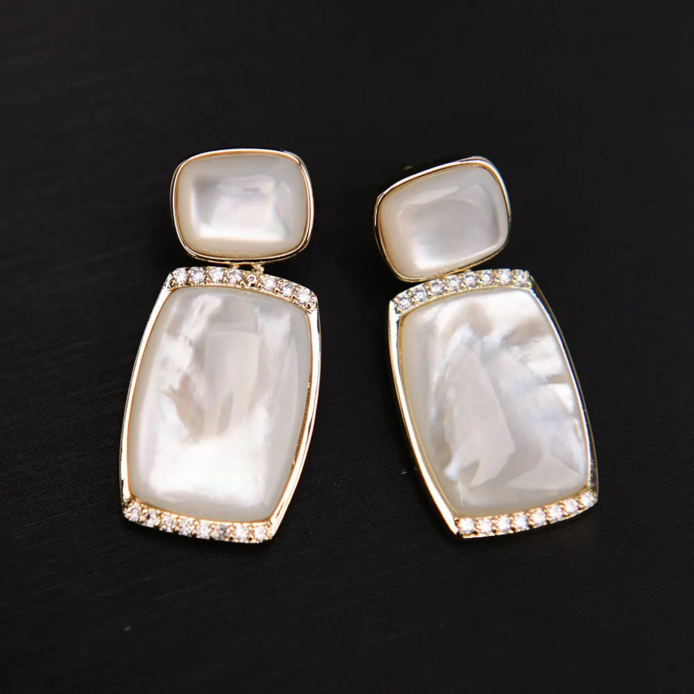 APDGG Natural White Shell Pearl Cz Paved Stud Dangle Earrings