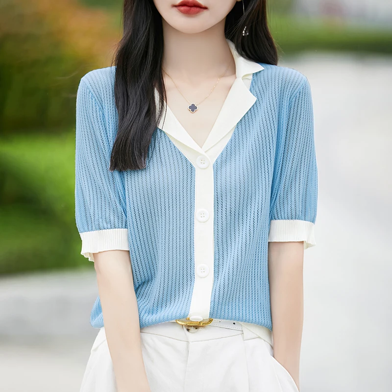 Women New Summer Wool Silk Sweater T-shirt Short-sleeve Tailored Collar Cardigan Tees Slim Contrasting Colors Knitted Tops