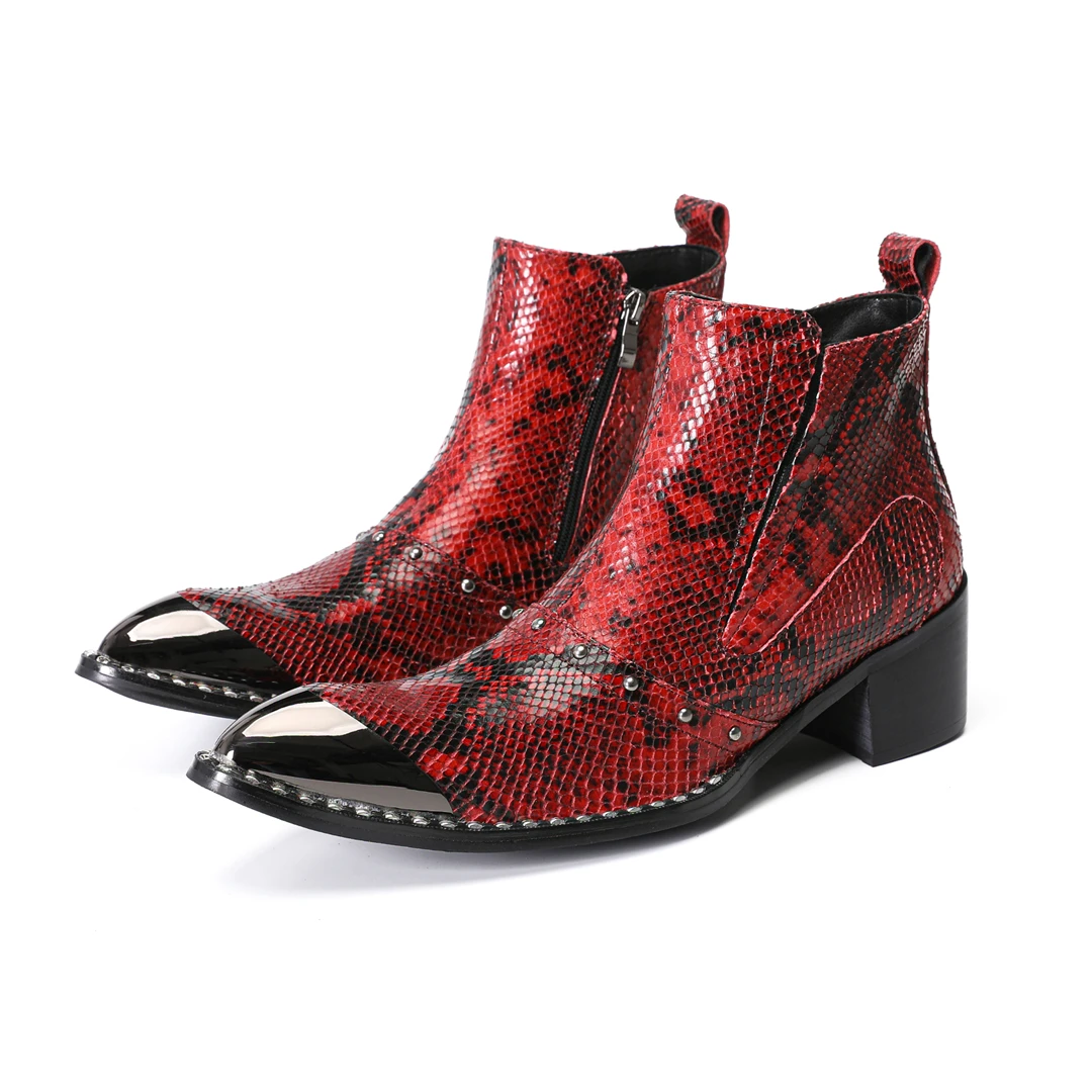 

botas red snake pattern genuine leather ankle boots for men pointed toe cowboy motorcycle short boots man party formal shoes