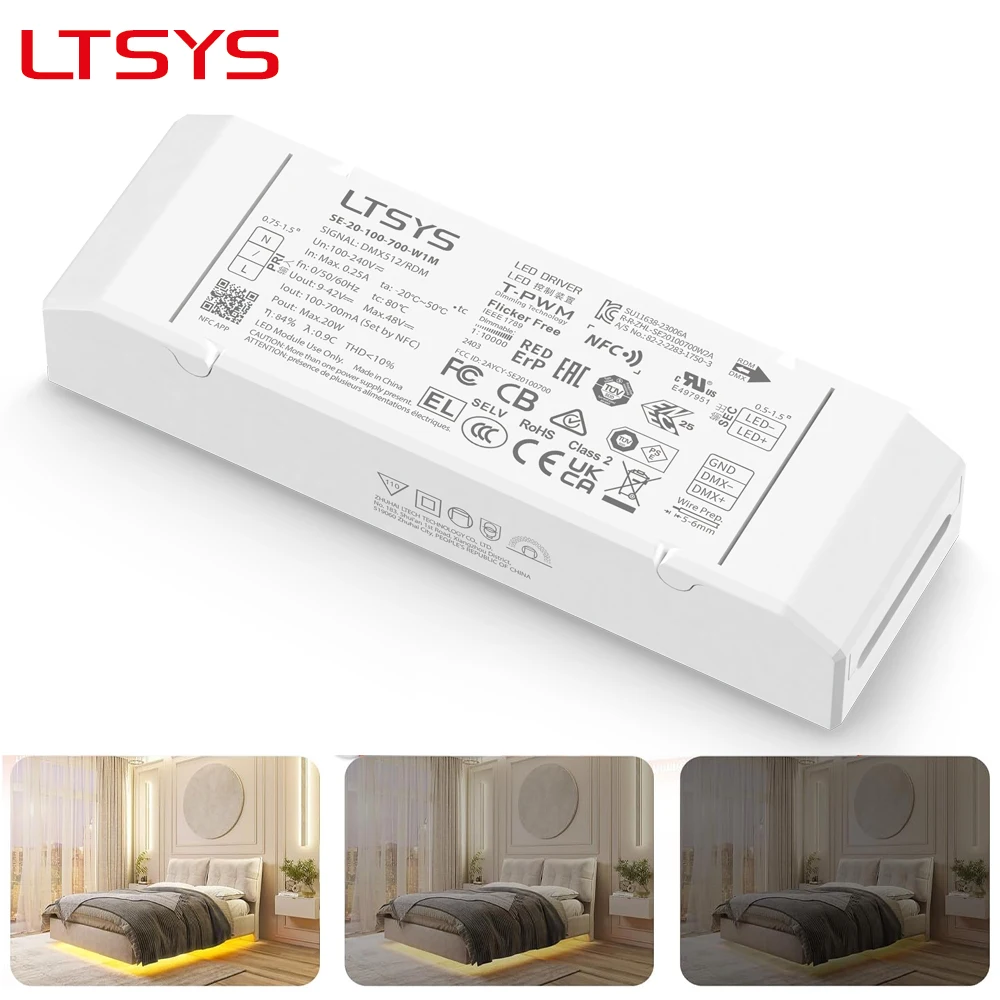 Драйвер светодиодов LTSYS NFC DMX RMD с регулировкой яркости, 20 Вт, 100-700 мА, постоянный ток, класс 2, блок питания AC 100-240В в DC 9-42В, трансформатор