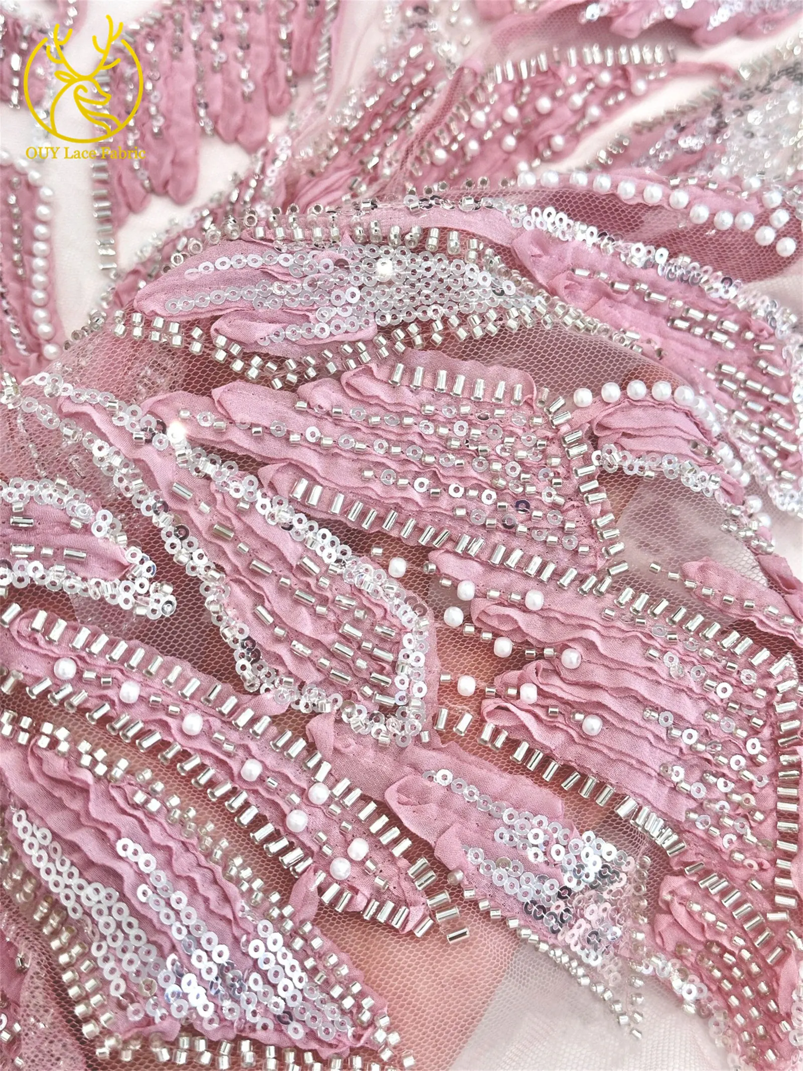 Rosa 3D Mode-Mesh-Tüll-Spitzenstoff 2026 Nigerianischer Perlen-Pailletten-Spitzenstoff für Damen Hochzeits- und Abendkleider zum Nähen 5 Yards – Detail 11