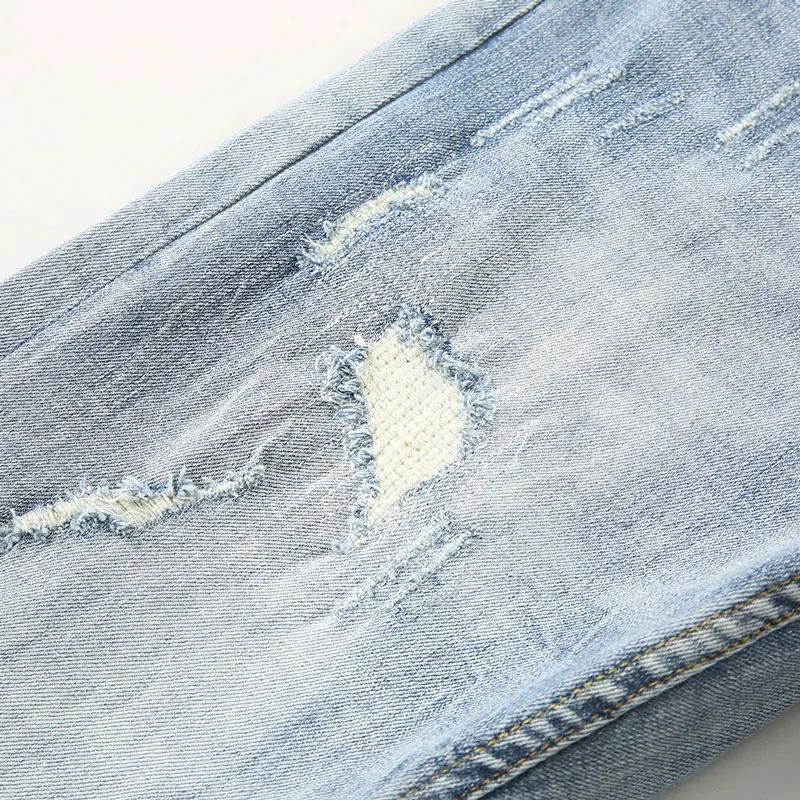 Fashion Designer Men Jeans Retro Light Blue Elastic Stretch Slim Ripped Jeans Men Patchwork Vintage Casual Denim Pants Hombre