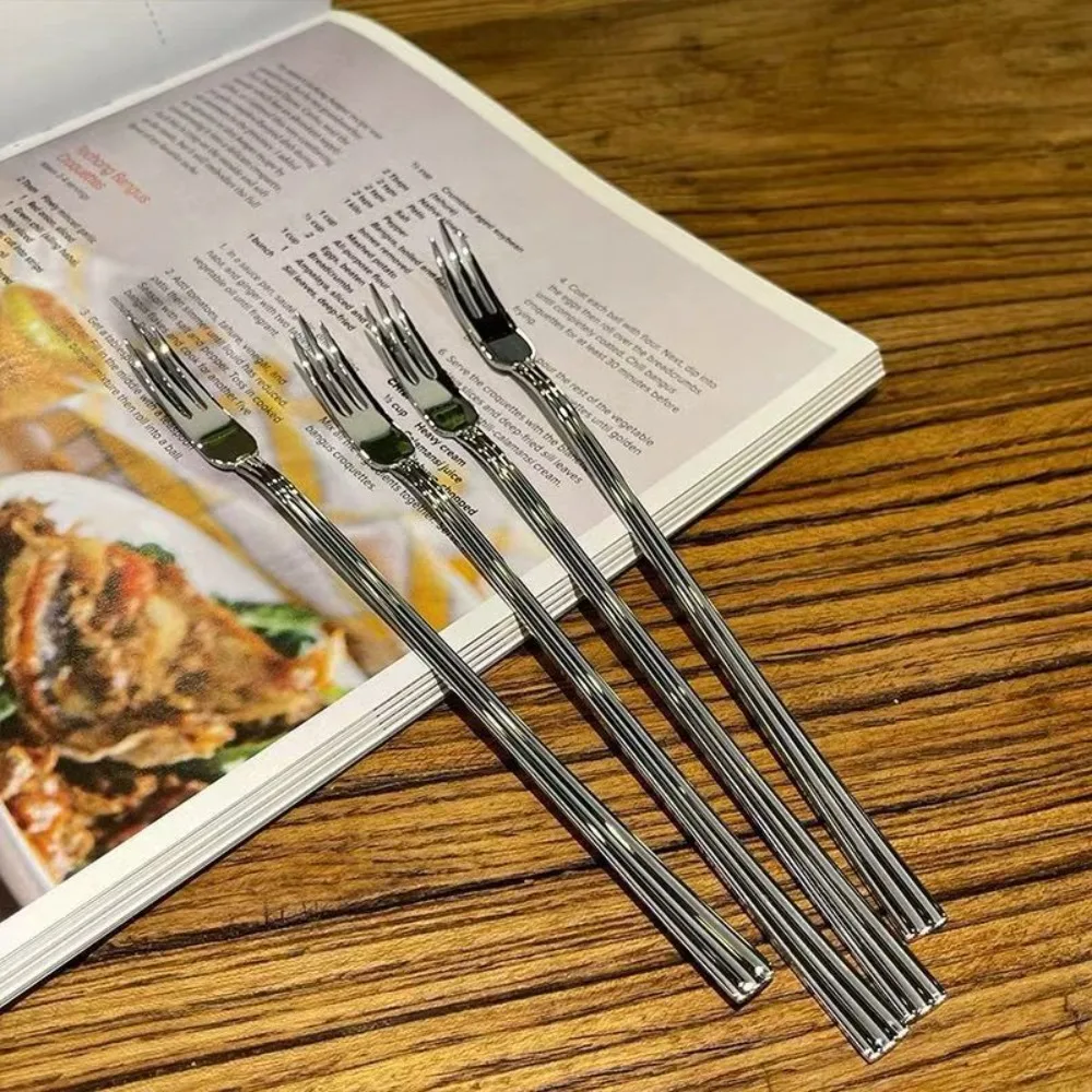 

10PCS 3-toothed Stainless Steel Slender Fruit Fork Reusable Extended Handle Afternoon Tea Fork Rust-proof Dessert Cake Fork