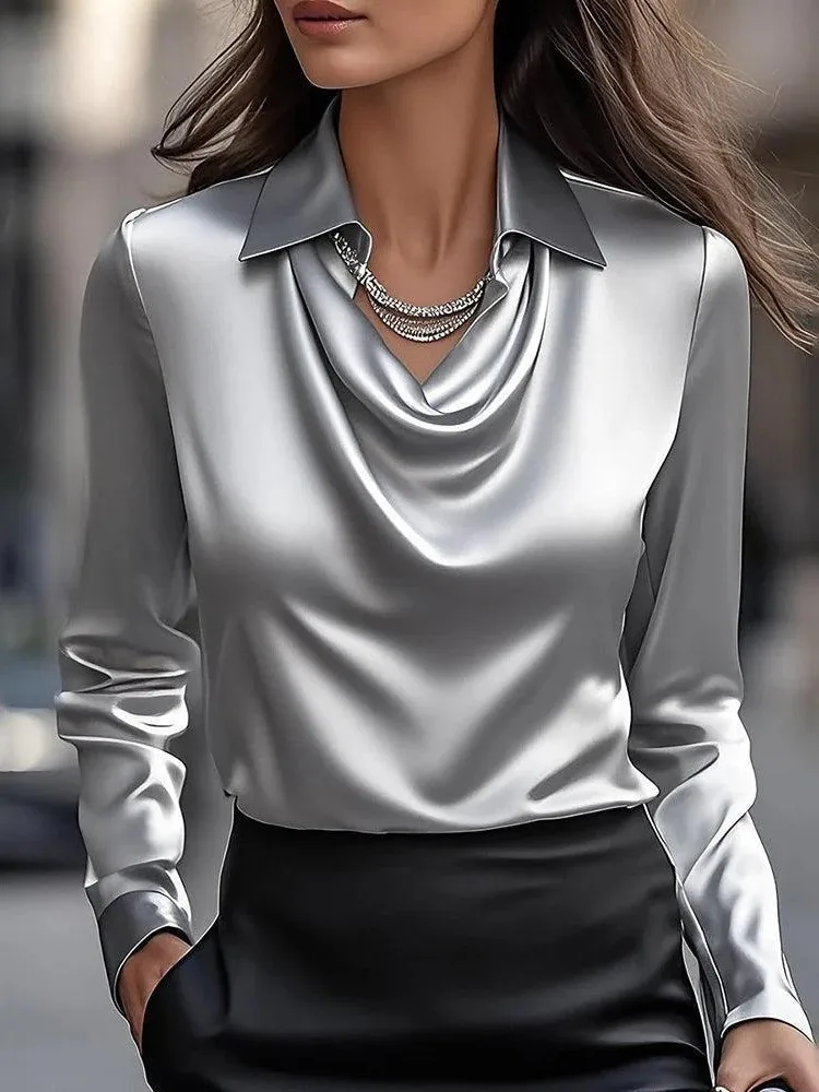 ซาตินผู้หญิงเสื้อ Retro แขนยาวฤดูใบไม้ผลิฤดูใบไม้ร่วงสไตล์ใหม่สีทึบ Swing COLLAR เสื้อคอปกผู้หญิง TOP