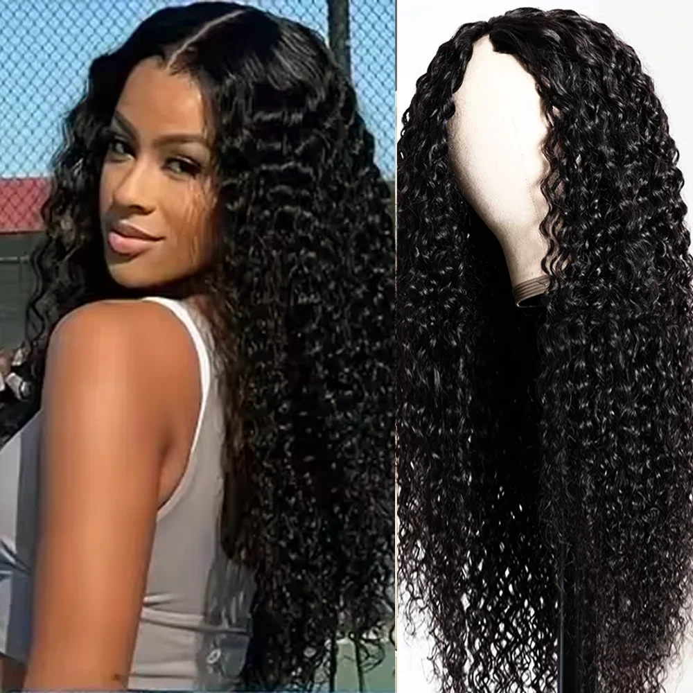 Peruca encaracolada com parte em v, longa onda de água, cabelo humano brasileiro, para mulheres negras, onda profunda, sem deixar para fora, cabeça cheia, clipe em perucas de cabelo