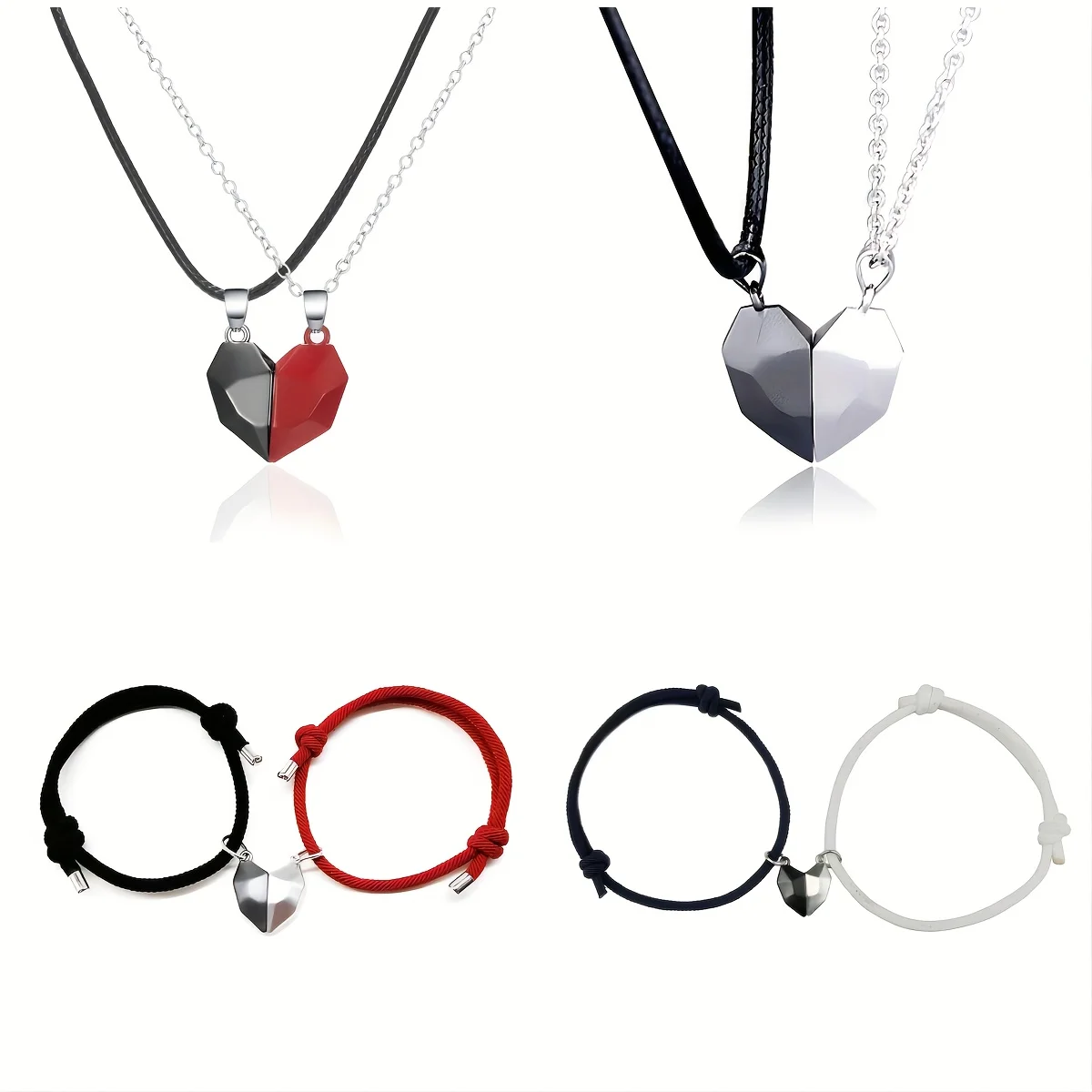 8Pcs Black, 8Pcs White and Red Matching Couples Love Magnet Stone Necklace Bracelet Wishing Stone Pendant