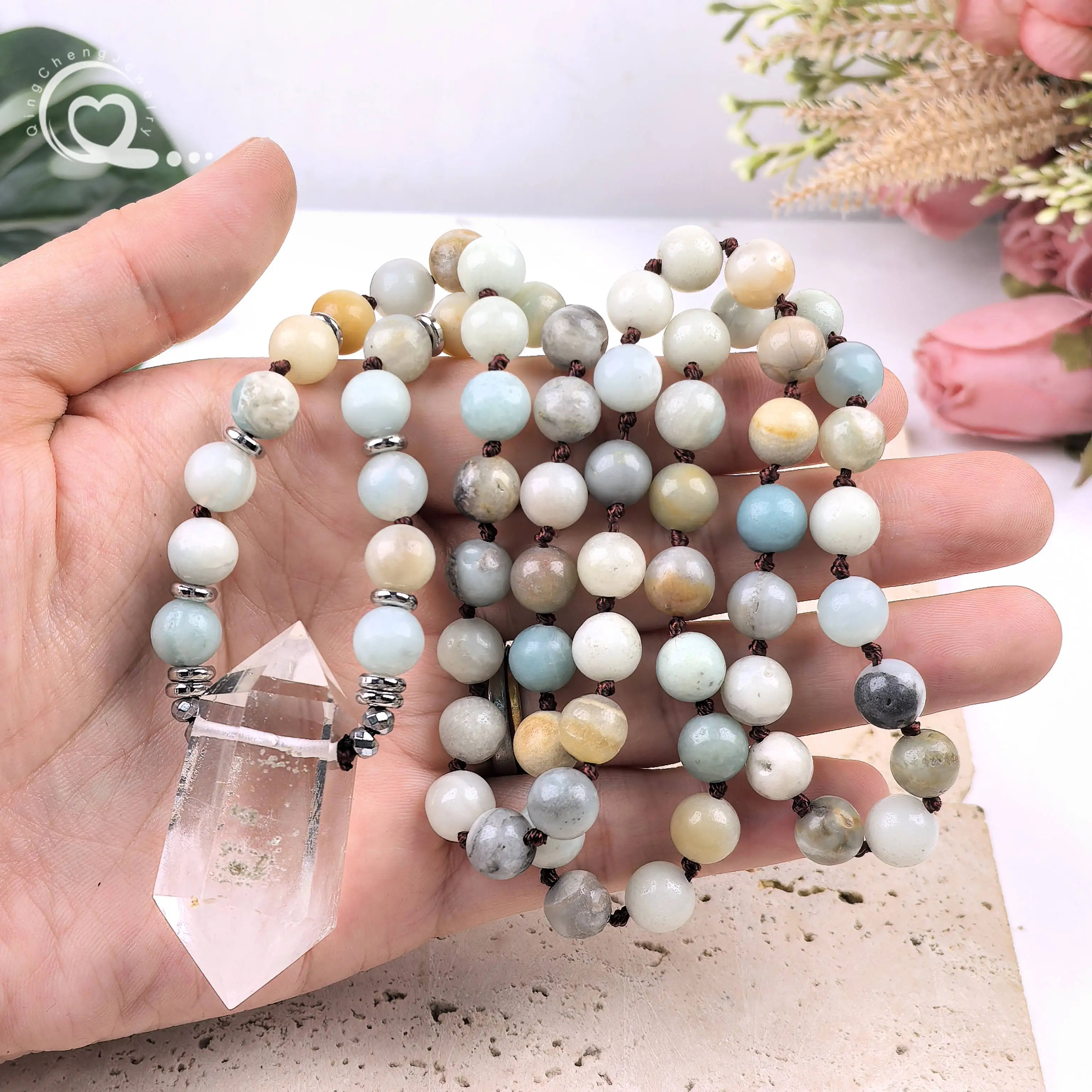 

Amazonite 8mm Round Beads Knotted Handmade Necklace Clear Crystal Quartz Double Point Pendants Yoga Mala Prayer Jewelry,QC0187