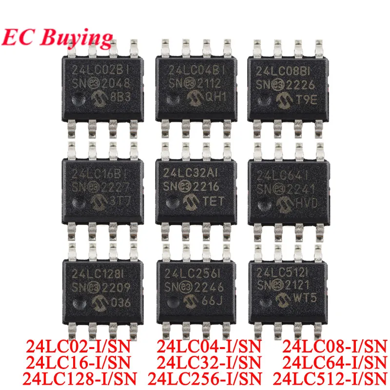 10Pcs 24LC02 24LC04 24LC08 24LC16 24LC32 24LC64 24LC128 24LC256 24LC512-I/SN 1 2 4 8 16 32 64 128 KB 256KB 512KB EEPROM Chip IC