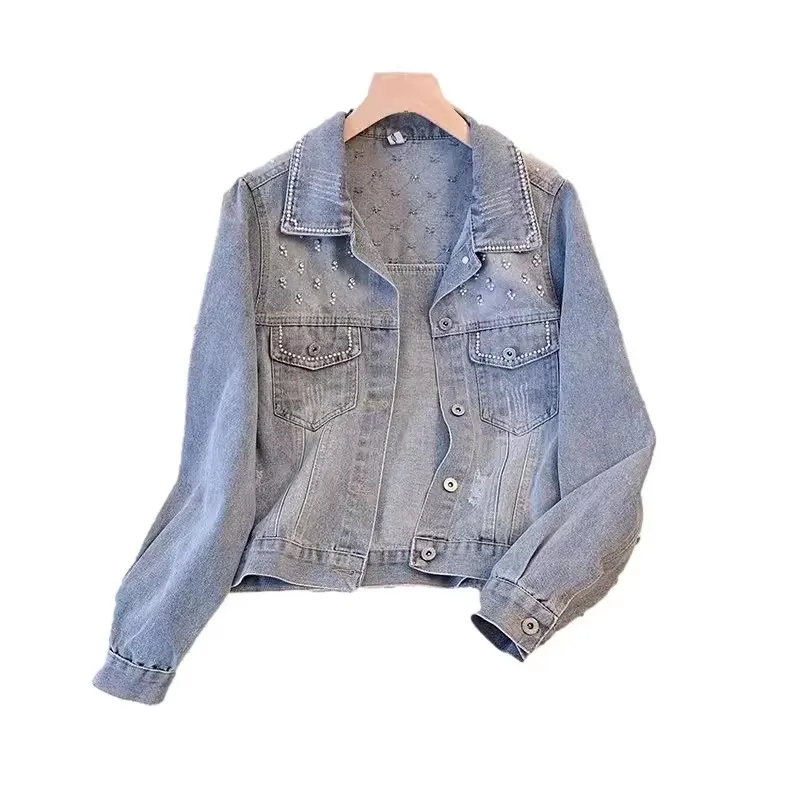 Spring Women Fashion Beaded Diamond Frayed Hole Jeans Jacket Vintage Washed Blue Short Coat Casual Long Sleeve Denim Jackets