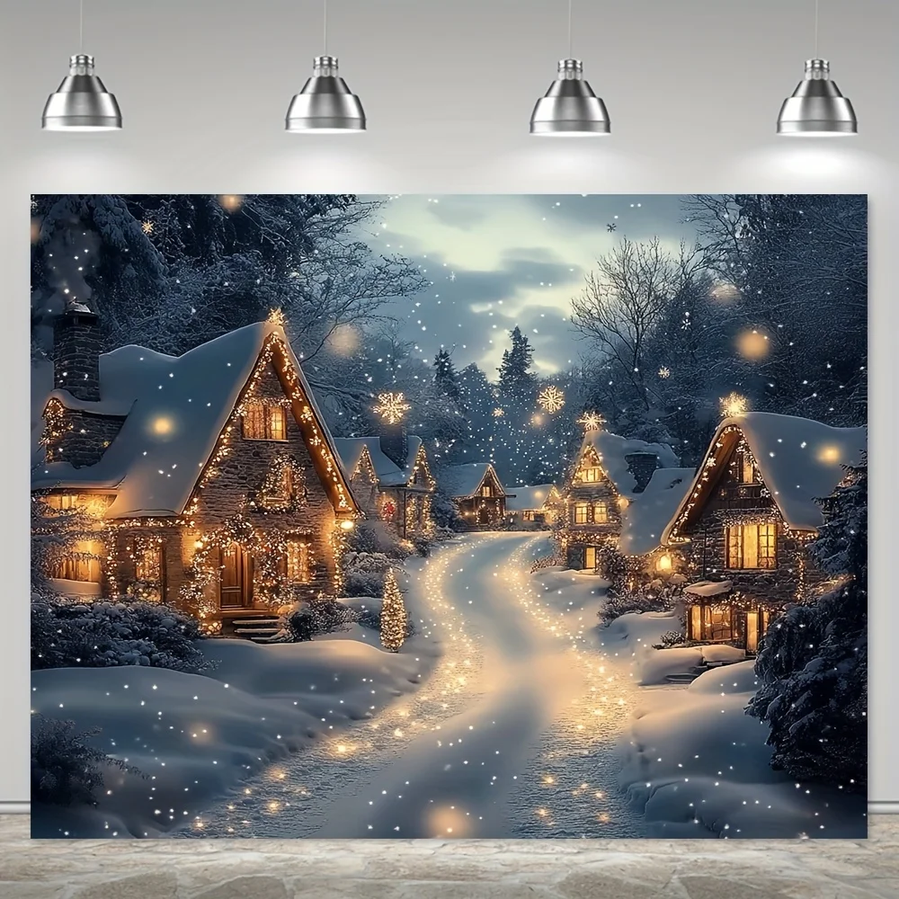 tapestry Snow Scene Christmas Background Cloth Christmas & New Year'S Snowy Town Polyester Fit for Home, Wall, Yard