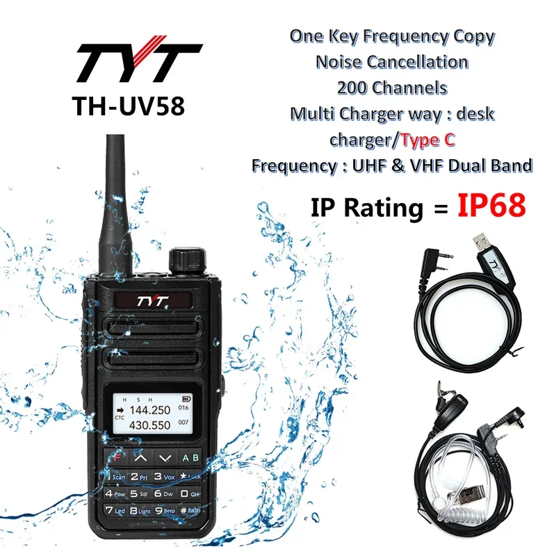 

TYT New Walkie Talkie 10W IP68 Waterproof Radio TH-UV58 200 Channels VHF/UHF Type C Charging 3200mah Walkie Talkie TH-UV99