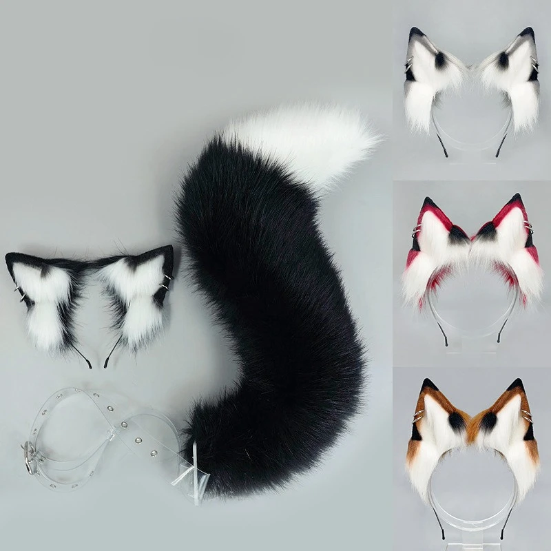 

Halloween Fluffy Fox Ears & Tail Set Plush Animal Ear Tail Kitsune Cosplay Costume Accessories for Anime Convention Party
