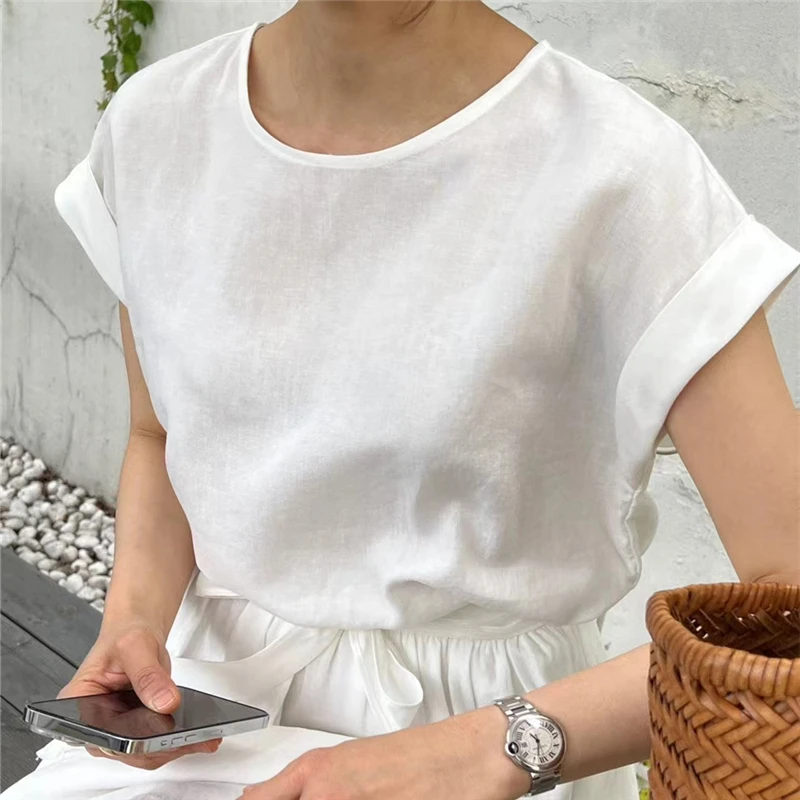 REALEFT Summer Cotton and Linen Women\'s Outfits Sets Casual O-Neck T-Shirts and Elastic Waist A-Line Skirts Female Suits