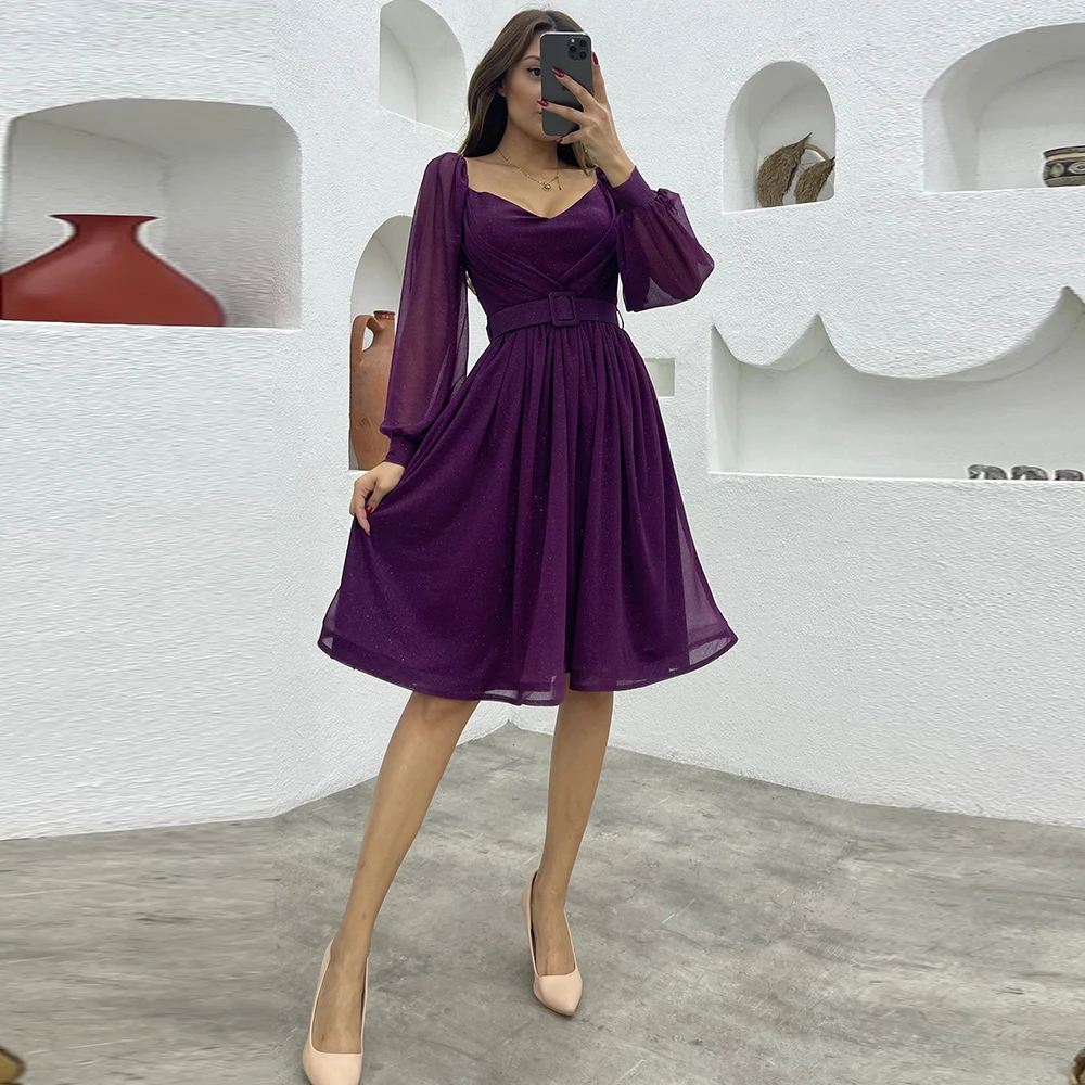 

Purple Dresses for Women 2023 Above Knee Puffy Full Sleeve Sweetheart Elegant Prom Dresses With Belt فساتين مناسبة رسمية