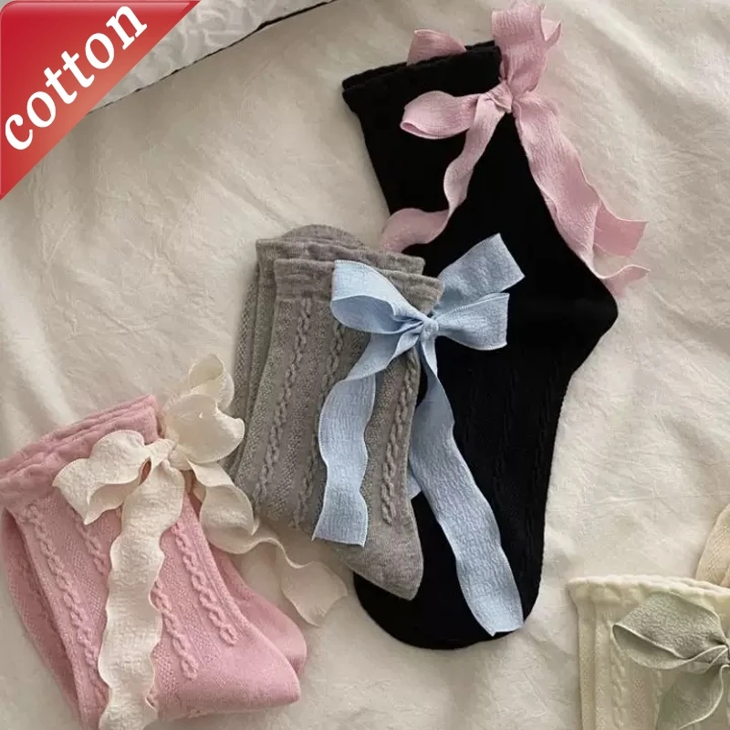 

5 Pairs Women's Socks Set New Ribbons Bows Cute Sweet Kawaii Ballet-style Verstaile Trendy Funny Cotton Socks For Girl Wholesale