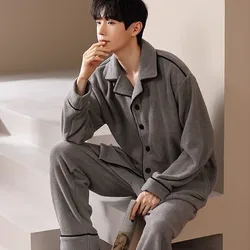 Men Pyjamas Autumn Winter Pajamas Long Sleeve Lapel Nightdress Flannel Thickened Home Suit Men Plus Size Solid Color Sleepwear