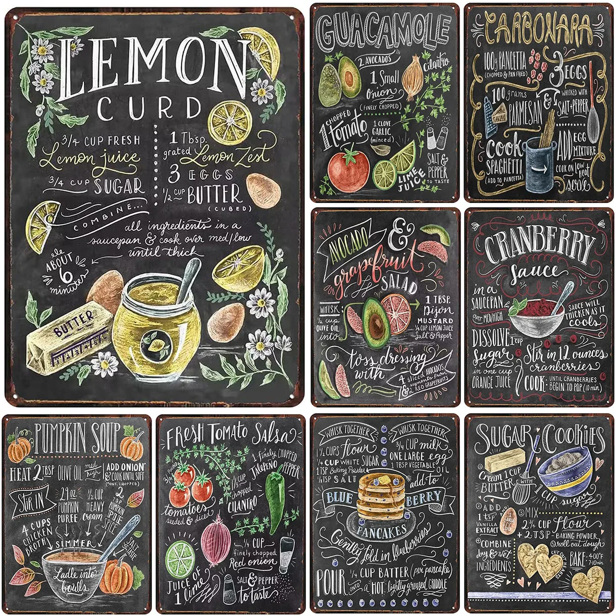 Juego de 8 Letreros Metálicos Vintage de Pizarra, Arte de Pared con Recetas de Cocina (Lemon Curd, Guacamole, Carbonara), Placas de Hojalata para Hogar, Cafetería, Bar
