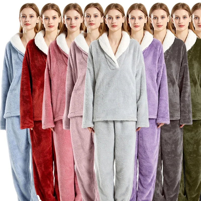2027-new-winter-christmas-thick-warm-flannel-women's-pajama-set-ladies-gray-sleepwear-homewear-pink-nightwear-high-quality