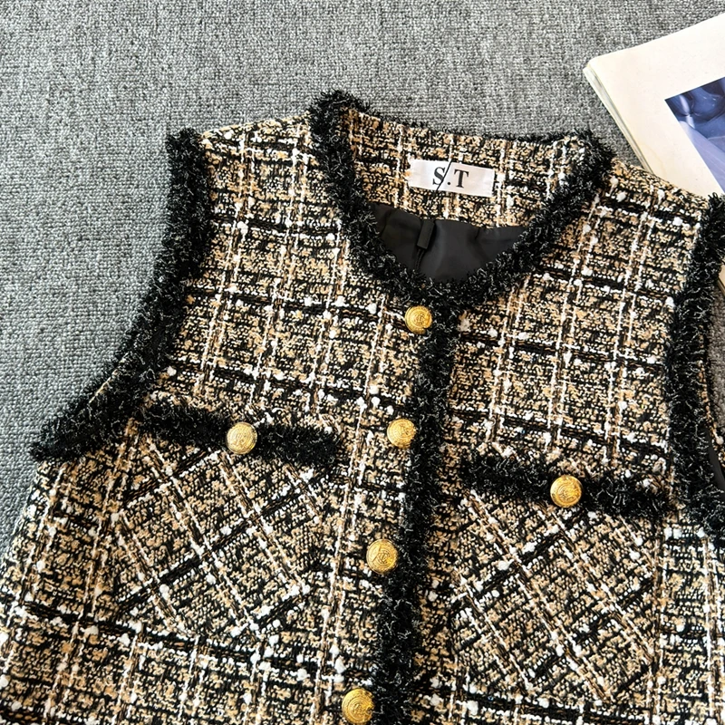 Gilet autunnale piccolo stile profumato da donna Cardigan girocollo di lusso elegante temperamento plaid top senza maniche in Tweed grossolano