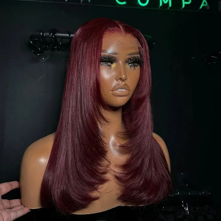 99j 버건디 레드 가발 레이어드 본 스트레이트 레이스 프론트 가발 13x4 HD 레이스 프론탈 가발 글루리스 프리플럭 데일리 착용 여성용