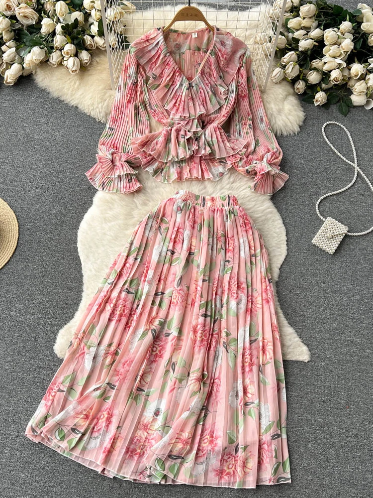 Spring Autumn Chiffon Fragmented Suits Summer Ruffle Edge V-neck Vintage Top+100 Pleat Half Skirt Two Piece Sets Vestidos