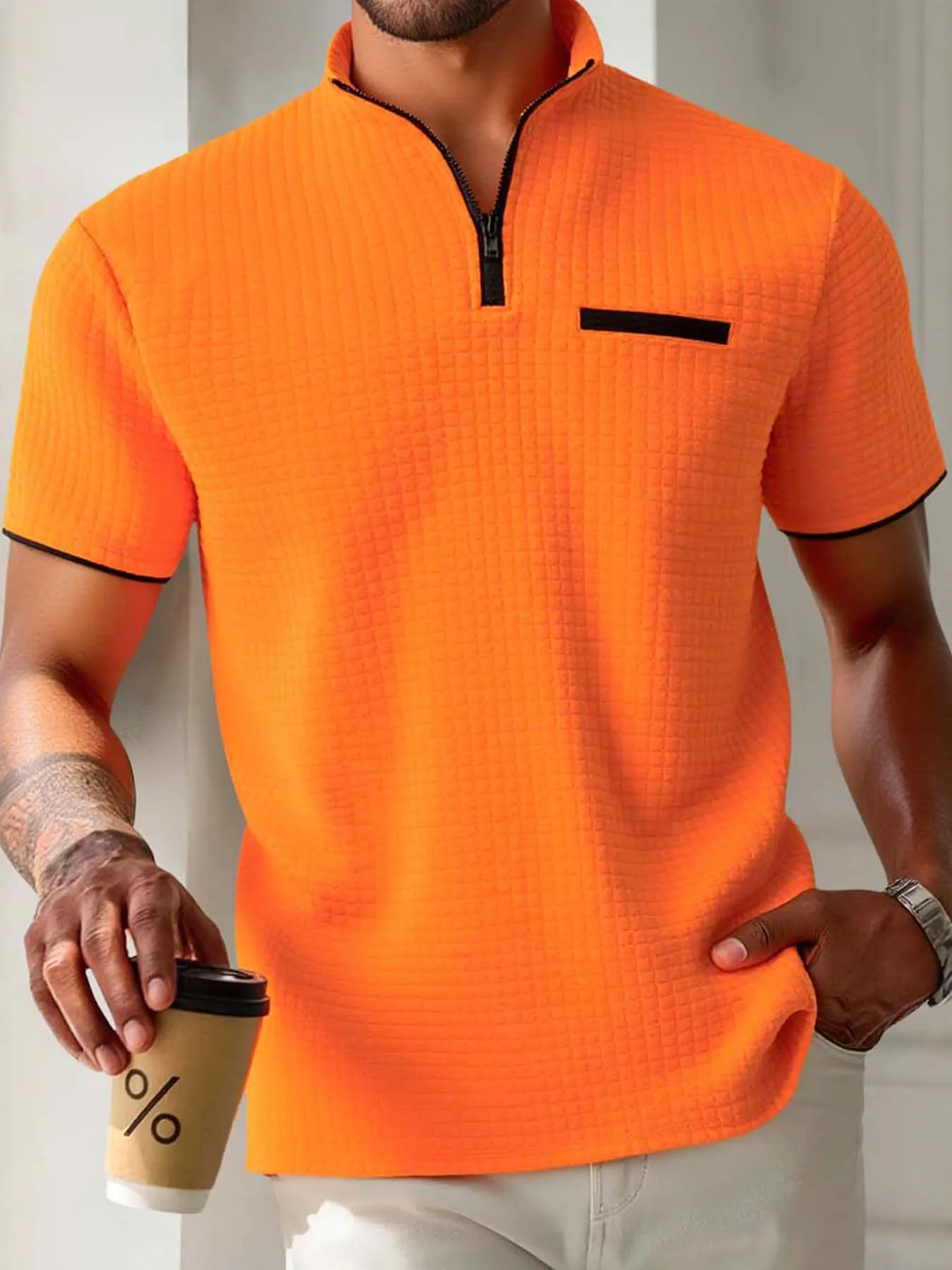 Men's Sporty, Casual and Simple POLO Shirt with Jacquard Check Pattern, Stand-Up Collar, Semi-Zipper, Slim Short-Sleeved Shirt