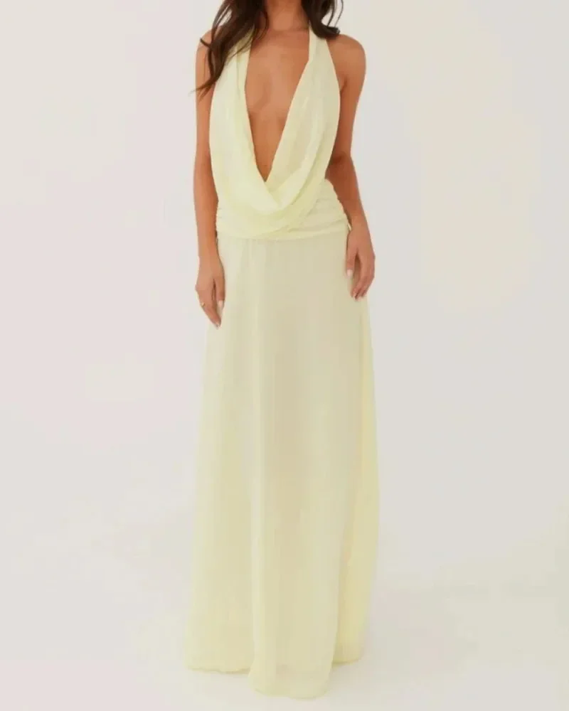 

2026 New Women's Low Neck Sleeveless Waist Cinched Vacation Style Backless Dress