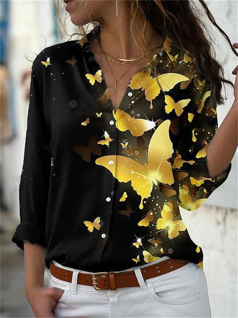 Fashion Butterfly Pattern 3D Print Women Long Sleeve Shirts Spring Autumn Holiday Casual Street Ladies Blouse Women's Clothing