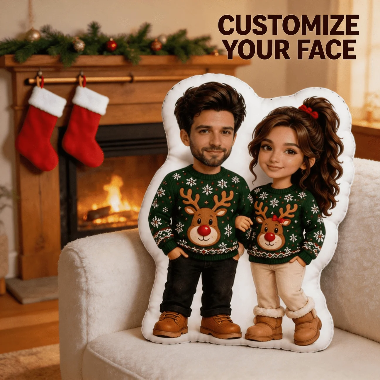 Custom Couple Photo Shaped Pillow, Personalized Face Christmas Sweater Style Decorative Cushion, 70cm Unique Home Decor Accent f