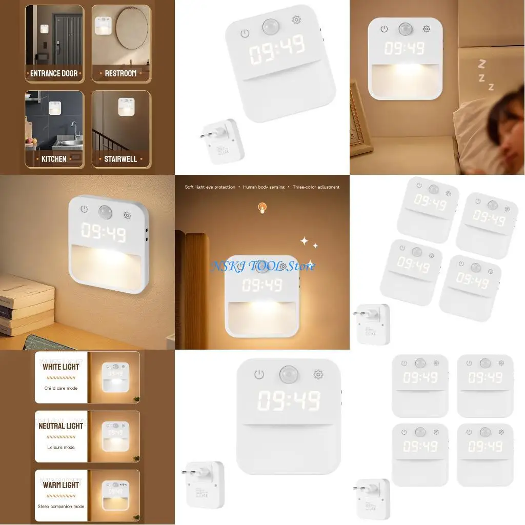 

L8RC Motion Clock Wall Lamp Plug in Night Light for Bathroom Bedroom Cabinet