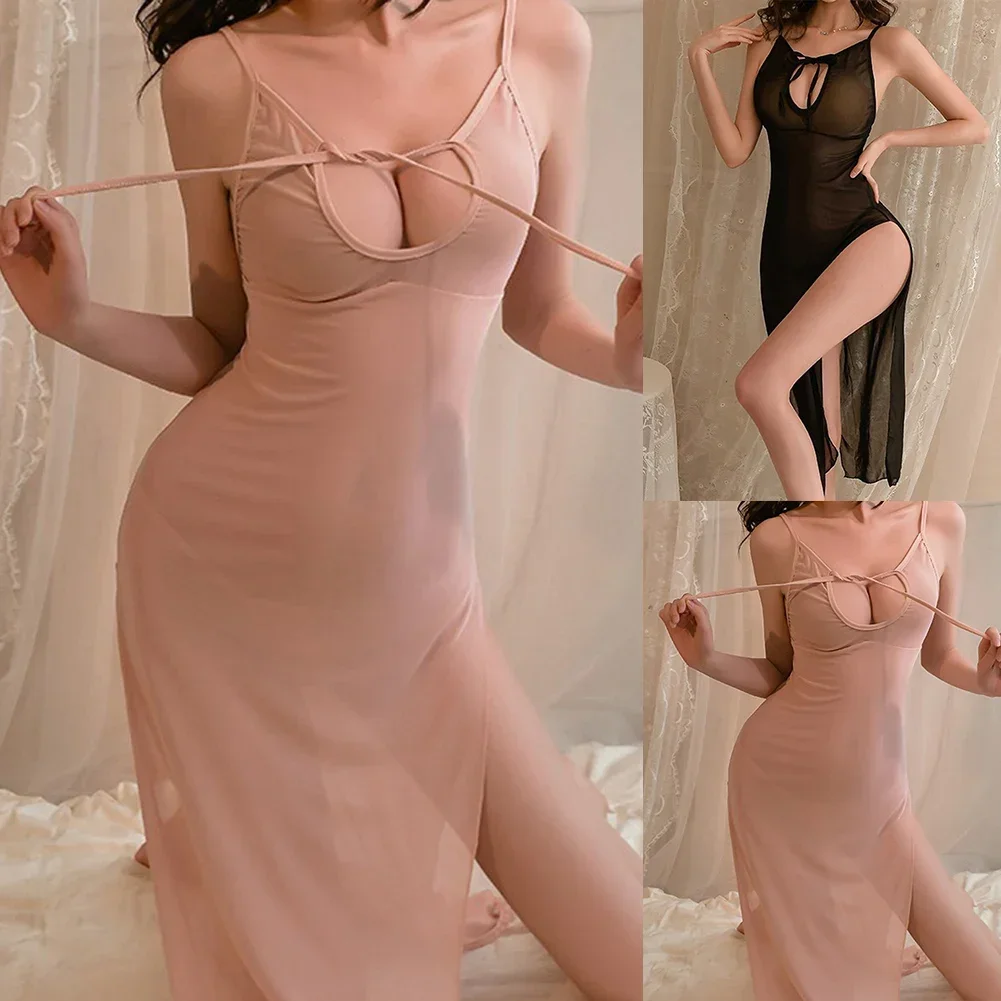 فستان نسائي مثير مجوف رفيع شفاف من خلال ثوب النوم بخصر عالٍ فستان نوم نسائي ملابس داخلية غريبة ملابس داخلية شفافة شبكية