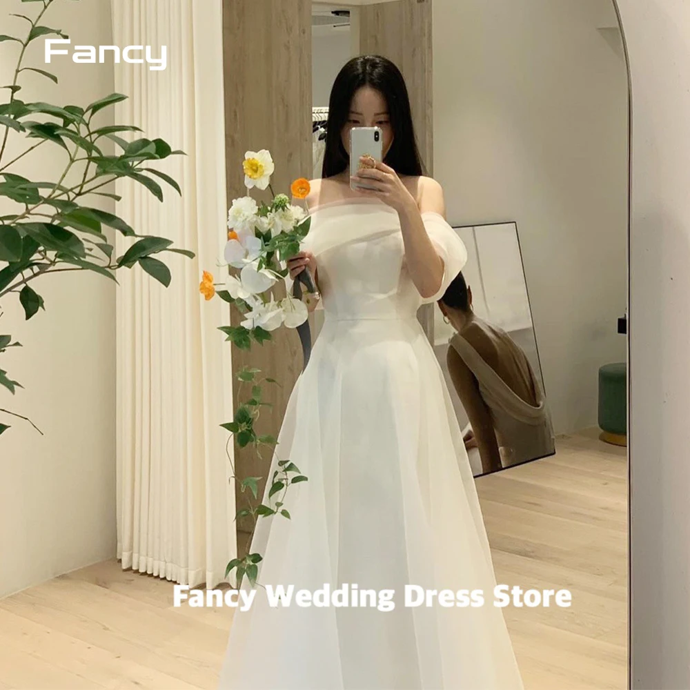 

Fancy Simple Korea Organza A Line Wedding Dress Photo Shoot Off Shoulder Short Sleeve Floor Length Bridal Gown Custom Made