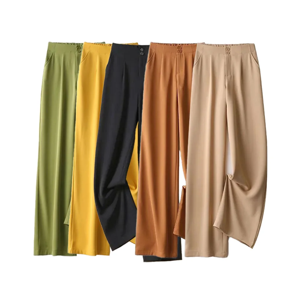 Khaki Solid Casual Button Fly High Waist Loose Wide Leg Women's Pants Korean Fashion Full-Length Pants For Women 2024 Autumn