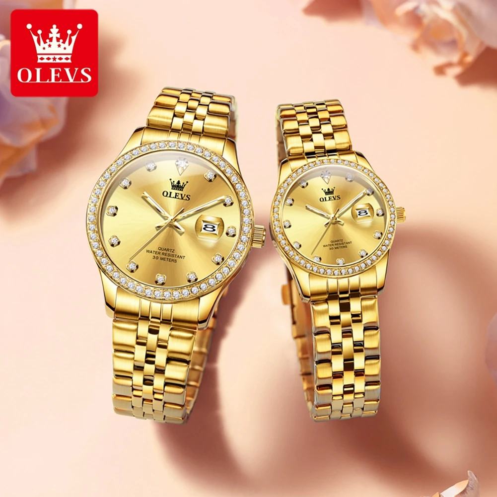 OLEVS Original Luxury Brand Gold Couple Watches Set Pair Men and Women Waterproof Luminous Fashion Quartz Wristwatch Lover Gift