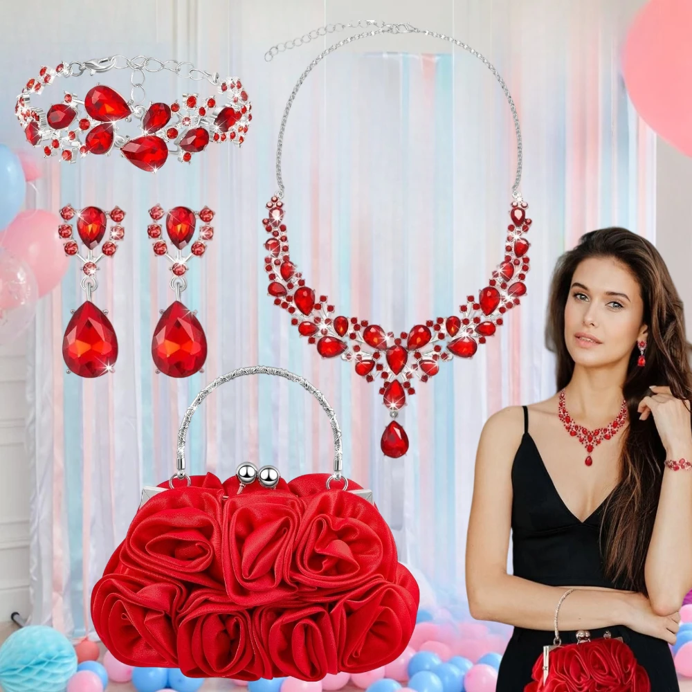 

4 PCS Women's Banquet Bag Set Necklace Jewelry Set Exquisite Rhinestone Jewelry Handbag Set,Portable Party Accessories