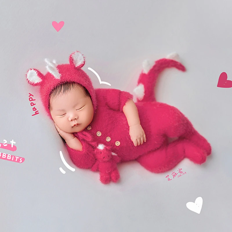 Rozerood Dragon Thema, Pasgeboren Fotografie Kleding, Gebreide Muts Jumpsuit Set, Voor 0-3 Maanden Baby Studio Shoot Rekwisieten Accessoires