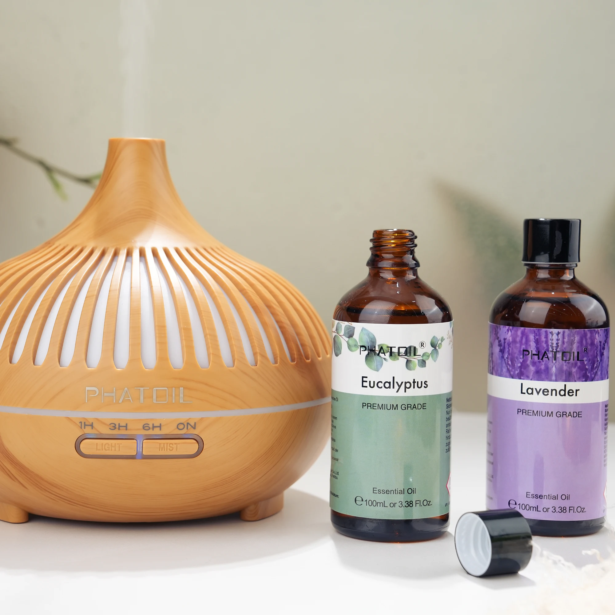 PHATOIL, olio essenziale puro di origine vegetale, 100 ml, per diffusori per auto, profumatore per ambienti, con fragranze di lavanda, eucalipto, vaniglia, menta piperita e lemongrass. Olio essenziale