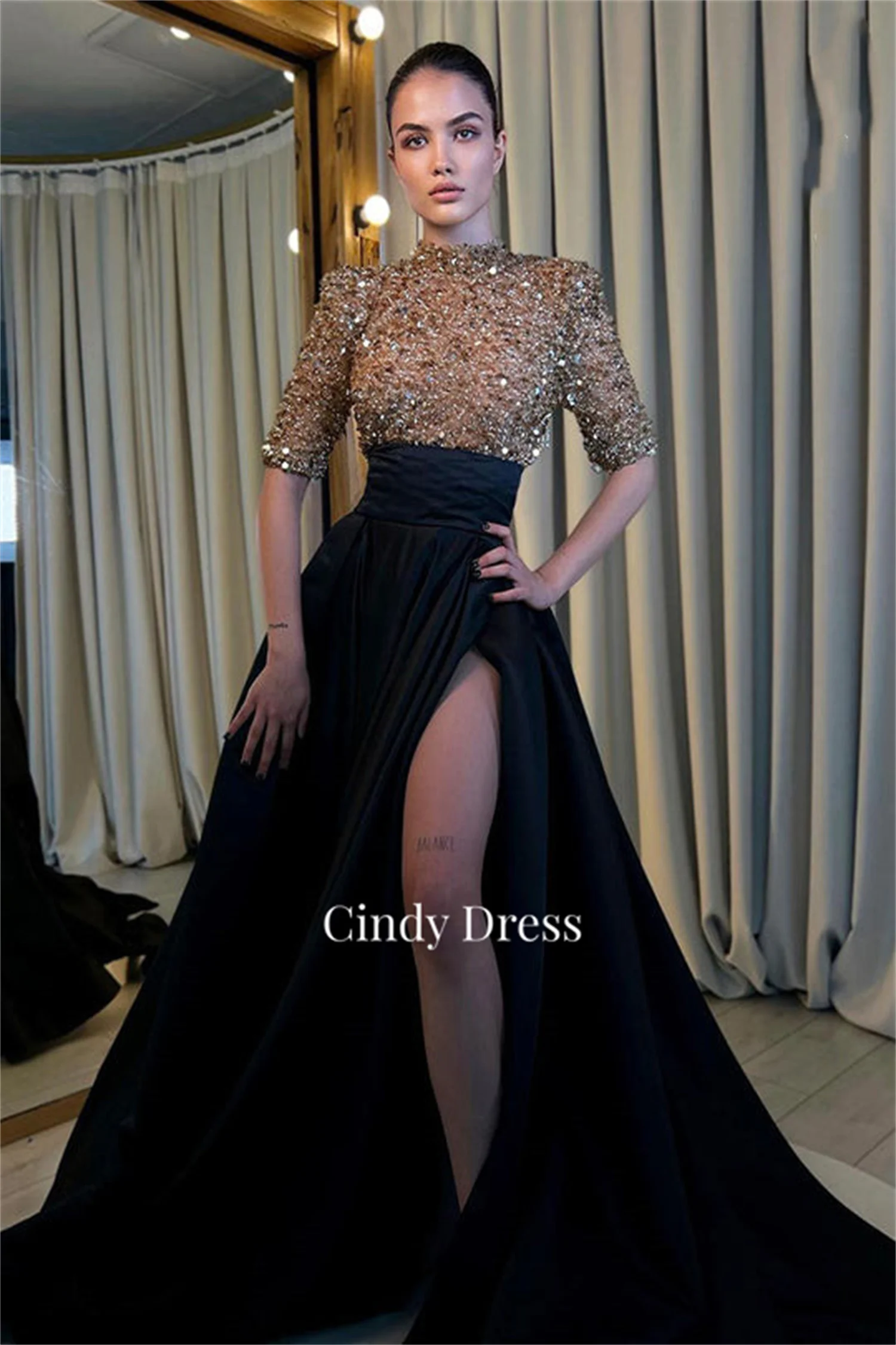 Cindy Beads Black Gold Shiny Luxurious Boss Evening Dresses Woman Elegant Chic Dress Robe Soiree De Luxe Customized Formal 2025