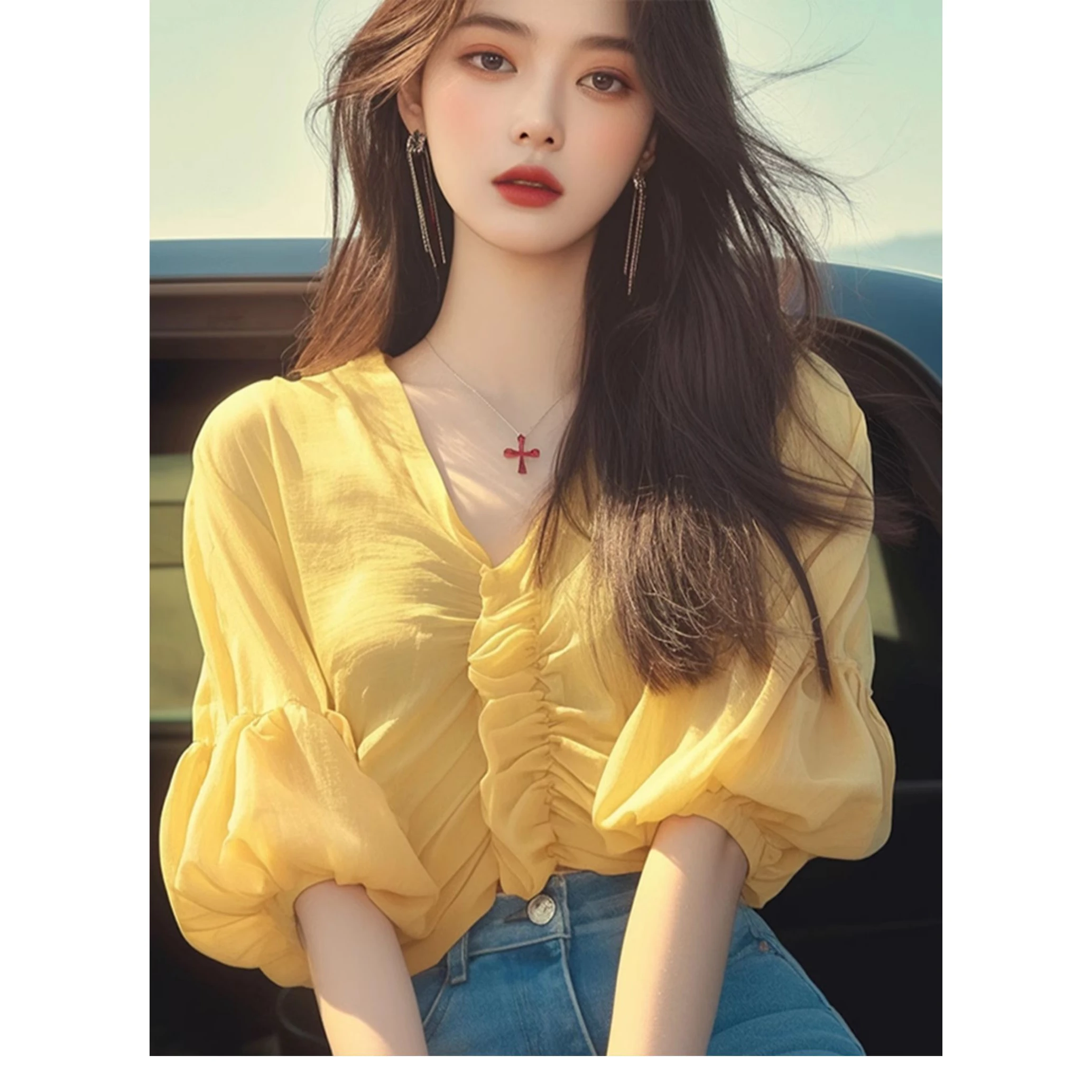 Mousseline de soie irt 2025 nouveau Sle jaune v-ne plissé bulle Sve haut Ele belle petite Blouse trajet Sle couleur Pure