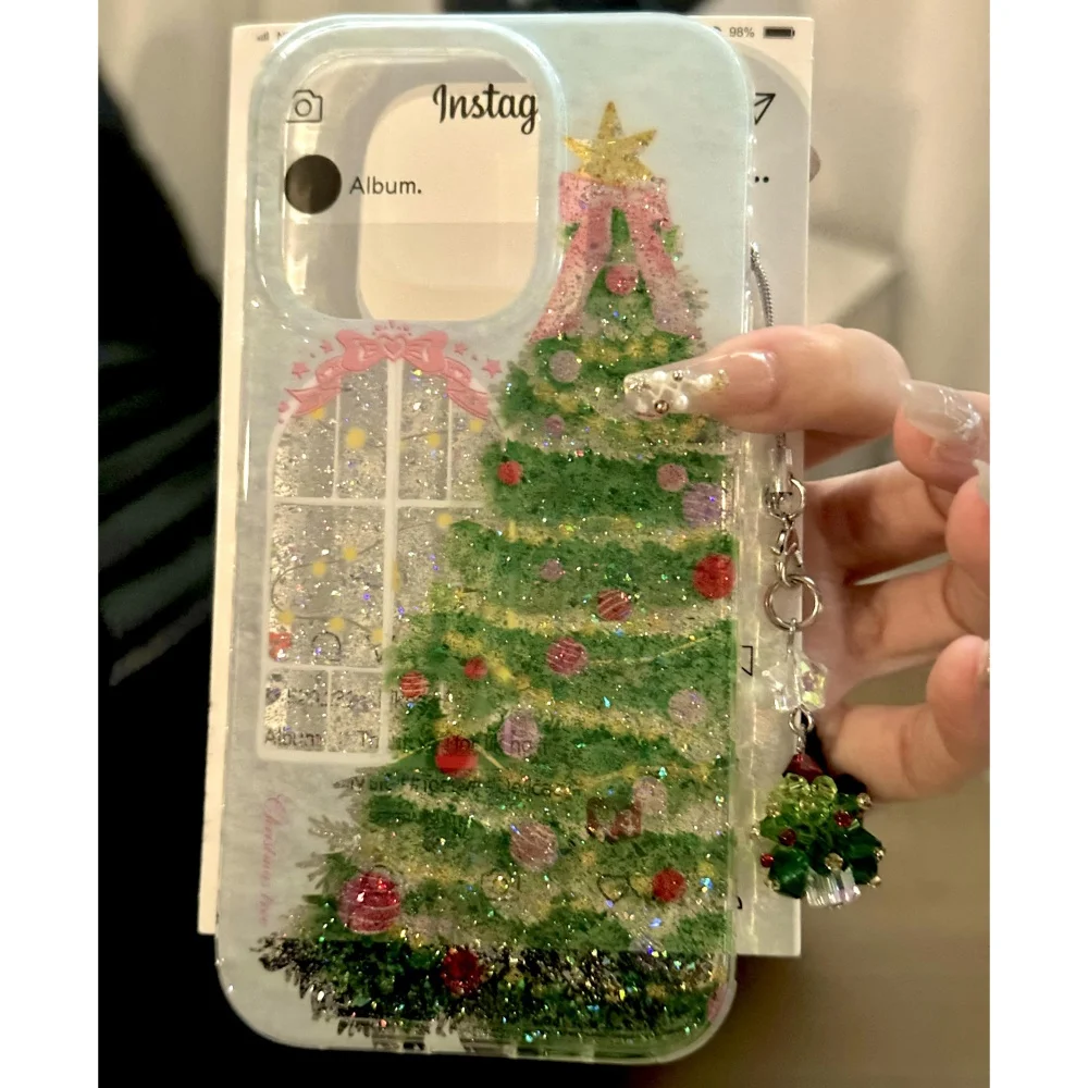 الفاخرة شجرة عيد الميلاد قلادة النافذة أضواء الترتر الحال بالنسبة آيفون 17 برو ماكس 16 15 برو 14 زائد 13 12 11 Blingbling غطاء