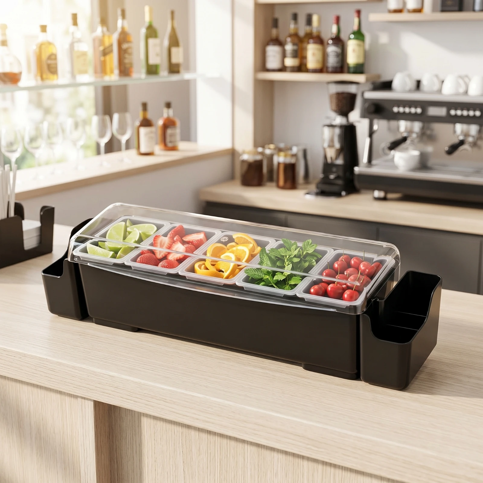 Bar Organizer with Clear Cover Easy to Clean Condiment Organizer with Removable Cups Garnish Station with Lid Portable